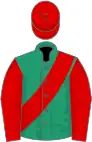 Emerald green, red sash, sleeves and cap