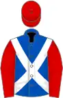 Royal blue, white cross-belts, red sleeves and cap