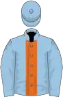 Light blue, orange panel, light blue sleeves and cap