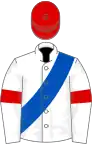 White, Royal Blue sash, White sleeves, Red armlets, Red cap