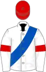 White, royal blue sash, white sleeves, red armlets, red cap