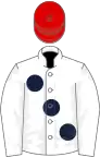 White, large dark blue spots, red cap