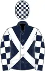 Dark Blue, White cross belts, checked sleeves and cap