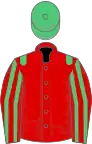 Red, emerald green epaulets, red and emerald green striped sleeves, emerald green cap