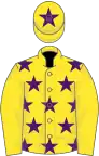 Yellow, purple stars, yellow sleeves, yellow cap, purple star