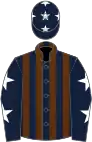 Dark blue and brown stripes, dark blue sleeves, white stars and cap
