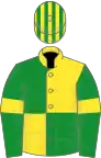 Yellow and green (quartered), green sleeves, yellow armlets, striped cap