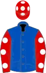 Royal blue, red sleeves, white spots, red cap, white spots