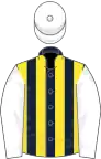 Dark Blue and Yellow stripes, White sleeves and cap
