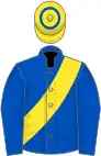 Royal blue, yellow sash, hooped cap