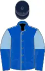 Royal blue, light blue seams, light blue and royal blue halved sleeves, dark blue cap