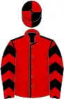 Red, black seams, black and beige chevrons on sleeves, black and red quartered cap