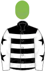 Black, white hoops, white sleeves, black stars, light green cap