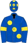 Royal blue, large yellow spots, yellow armlets and spots on cap