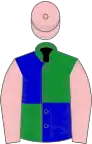 Green and blue (quartered), pink sleeves and cap