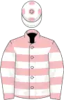 Pink, white hoops, white cap, pink spots