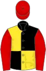 Black and yellow (quartered), red sleeves and cap