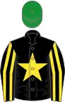 Black, yellow star, striped sleeves, green cap