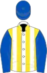 White and yellow stripes, royal blue sleeves and cap