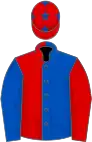 Royal blue and red (halved), reversed sleeves, red cap, blue stars