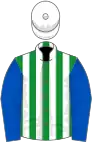 Green and white stripes, royal blue sleeves, white cap
