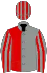 Grey and red (halved), striped sleeves and striped cap