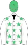 WHITE, emerald green stars, white sleeves, emerald green cap