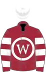 Maroon, white circle, white hoops on sleeves, white cap