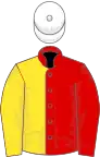Red and yellow (halved), white cap