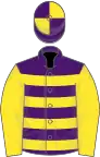 Purple and yellow hoops, yellow sleeves, quartered cap