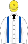 White, royal blue braces, yellow cap