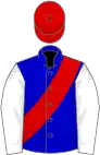 Blue, red sash, white sleeves, red cap