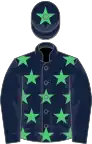 Dark blue, emerald green stars, dark blue sleeves, dark blue cap, emerald green star