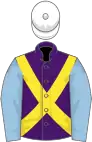 Purple, yellow cross belts, light blue sleeves, white cap