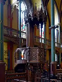 The carved pulpit in the nave