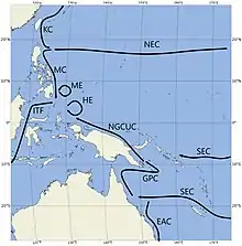This image shows a number of low-latitude western boundary currents in the West Pacific Ocean. At the bottom we can see the South Equatorial Current bifurcating near Australia into the East Australian Current and the Gulf of Papua Current. The Gulf of Papua Current goes around the south of New Guinea before becoming the New Guinea Coastal Undercurrent and passing through the Vitiaz Strait. In the Northern Hemisphere, the north equatorial current bifurcates into the Kuroshio Current and the Mindanao Current just to east of Luzon. The Mindanao Current travels to the east of Luzon and Mindanao. It ends in an eddy called the Mindanao Eddy at the entrance to the Celebes Sea. The New Guinea Coastal Undercurrent also ends here. The Mindanao Eddy feeds the Indonesian Throughflow.
