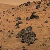 Martian sand and boulders photographed by NASA's Mars Exploration Rover Spirit (April 13, 2006).