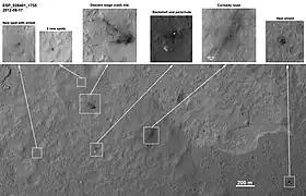 MSL debris field - parachute landed 615 m from Curiosity (3-D: rover and parachute) (17 August 2012; MRO).