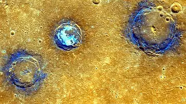 Enhanced color image of craters Munch, Sander, and Poe, amid plains of Caloris basin