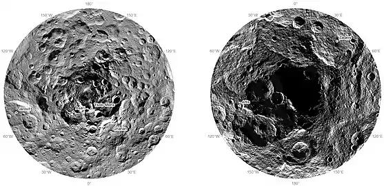 Ceres, polar regions (November 2015): North (left); south (right). The south pole is in shadow. "Ysolo Mons" has since been renamed "Yamor Mons."
