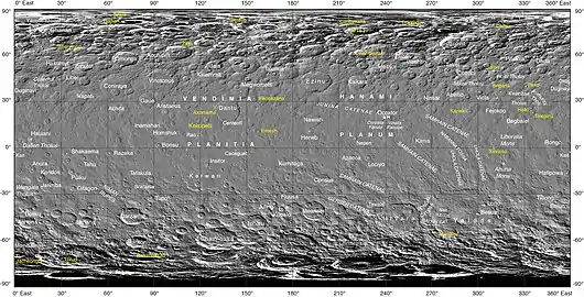 Black-and-white photographic map of Ceres, centred on 180° longitude, with official nomenclature (September 2017)