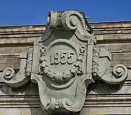 Stalinist cartouche of the Palace of Culture and Science, Warsaw, Poland, by Lev Rudnev, 1952-1955