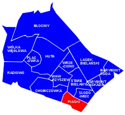 Location of Piaski within the district of Bielany, in accordance to the City Information System.