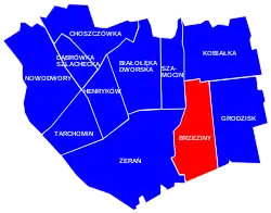 Location of Brzeziny within the district of Białołęka, in accordance to the Municipal Information System.