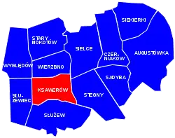 Location of the City Information System area of Ksawerów within the city district of Mokotów