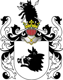 A boar's head erased sable armed argent in the arms of Denhoff