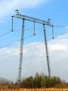 pole-through 750 kV line from the Ukrainian nuclear power plant Khmelnitsky station 750/400 kV Widełka near Kolbuszowa. The photograph was taken near the intersection line with the national road DK19 in Nienadówce, at its border with Stobierna and Medynia Głogowska.