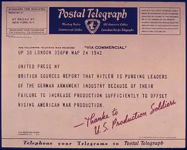 A Postal Telegram, 1942.