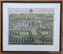 This is a framed antique print showing a view of the original Dumbleton Hall with the surrounding grounds, gardens, and smaller buildings