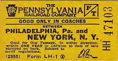 Yellow PRR Philadelphia to New York coach ticket circa 1955
